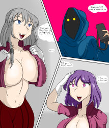 absurdres anthony322 bottomless breasts comic empty_eyes femsub happy_trance huge_breasts large_breasts large_hips long_hair milf open_mouth purple_hair smile tech_control text tsuki_uzaki uzaki-chan_wants_to_hang_out!