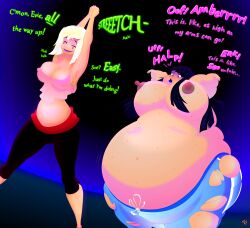 black_hair blonde_hair dialogue erect_nipples exposed_chest female_only femdom freckles harlequin141 magic text torn_clothes weight_gain witch yoga_pants