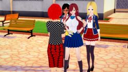  3d assassination_classroom black_hair blonde_hair dark_skin empty_eyes erza_scarlet fairy_tail femsub glasses gloves happy_trance large_breasts long_hair maledom original rainbowkombat red_hair rio_nakamura school_uniform 