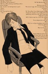  bare_legs business_suit chair clefspear closed_eyes consensual female_only femsub office_lady original short_hair skirt sleeping slouching solo suit text western wholesome 