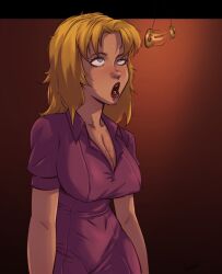  blonde_hair blue_eyes breasts clothed drool eye_roll female_only femsub gmun large_breasts lipstick open_mouth original pendulum ring_eyes solo 