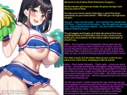  ai_art blush caption caption_only cheerleader elwes_(generator) failed_hypnosis female_only femdom hikke_(manipper) huge_breasts hypnotic_breasts looking_at_viewer manip miniskirt open_clothes open_mouth original pov pov_sub short_skirt sweat text 