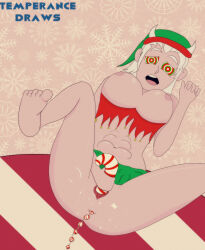  absurdres ahegao anal anal_beads breasts candy candy_cane christmas demon_girl dildo female_only femsub hat helltaker horns improvised_dildo justice_(helltaker) large_breasts monster_girl open_mouth pussy pussy_juice ring_eyes santa_hat sex sex_toy short_hair solo symbol_in_eyes temperancedraws tongue vaginal white_hair 