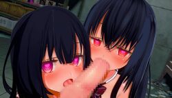 3d bangs bare_shoulders black_hair blush bow bow_tie censored custom_maid_3d_2 fellatio female_only femsub heart heart_eyes licking long_hair looking_at_viewer maledom mudohan180926 multiple_girls multiple_subs open_mouth original penis pink_eyes pov pov_dom red_eyes symbol_in_eyes tears tongue tongue_out