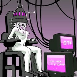  breasts chair collarbone drool feet female_only femsub gradient_background handcuffs helmet legs lipstick long_hair meme monitor navel nipple_piercing nipples nude open_mouth progress_indicator restrained sitting soldierexclipse solo tech_control tongue tv wires 