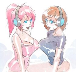 breasts brellom brells_(brellom) brown_hair crystal_(zko) dazed erect_nipples female_only femsub glasses happy_trance headphones large_breasts multiple_subs original pink_hair ponytail spiral_eyes sweat symbol_in_eyes t-shirt tank_top tech_control tongue tongue_out
