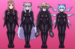  beret black_hair blue_eyes blue_hair bodysuit braid bubble catsuit character_request cirno expressionless female_only femsub fujiwara_no_mokou gradient_background hair_ribbon hat hong_meiling large_breasts long_hair maggotmike muscle_girl narumi_yatadera pink_hair red_eyes short_hair shrunken_irises small_breasts sparkle standing_at_attention thick_thighs touhou very_long_hair white_hair 