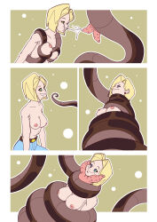 android_18 blonde_hair breasts coils cum cum_in_mouth disney dragon_ball dragon_ball_z ef-nsfw fellatio femsub happy_trance kaa kaa_eyes maledom nude short_hair smile snake snake_penis tail the_jungle_book 