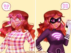 alya_cesaire before_and_after cakeyquake cell_phone corruption dark_skin evil_smile femsub glasses mask miraculous_ladybug mole red_hair smile super_hero surprised