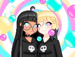 ahoge animated animated_gif bangs black_hair blonde_hair blush bubble choker drool erika_(er-ikaa) fabius femsub freckles glasses happy_trance hoodie long_hair multiple_girls multiple_subs open_mouth pixel_art spiral_background spiral_eyes valerie_(dumbskull)