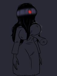  black_hair breast_grab breasts femsub freemindstuff ghost ghost_girl groping hair_covering_one_eye large_breasts long_hair red_eyes robe sadako_yamamura simple_background spiral_eyes standing standing_at_attention the_ring undead_girl wide_hips 