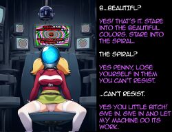 aged_up ai_art bad_end blonde_hair bondage chair corruption defeated enemy_conversion enthralled01_(generator) enthralled01_(manipper) femsub helmet inspector_gadget_(series) maledom penny_gadget spiral tech_control text twintails