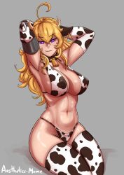 absurdres aestheticc-meme ahoge armpits blonde_hair breasts cleavage cow_girl cowbell erect_nipples female_only horns hucow icontrol_(manipper) large_breasts long_hair manip navel rwby smile solo spiral_eyes symbol_in_eyes thighhighs yang_xiao_long