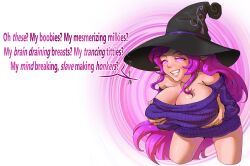  absurdres bare_legs bent_over breast_fondling breast_grab breasts cleavage dialogue elf_ears ereme_(bobbette) female_only femdom glowing_eyes holding_breasts huge_breasts humor hypnotic_breasts lulu_(artist) meme original pink_eyes pink_hair pov pov_sub simple_background smile solo spiral standing sweater text very_long_hair white_background witch witch_hat 