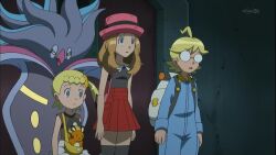  blonde_hair bonnie clemont clothed dedenne empty_eyes expressionless femsub glasses hat long_hair malamar malesub multiple_girls multiple_subs nintendo open_mouth pokemon pokemon_(anime) pokemon_(creature) pokemon_x_and_y screenshot serena short_hair thighhighs 