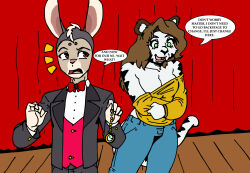  black_hair bow_tie brown_eyes brown_hair bunny_boy cat_girl clothed collarbone crazycowproductions dialogue embarrassed empty_eyes femsub furry green_eyes grey_skin jeans long_hair maledom original pants pocket_watch shirt short_hair smile speech_bubble stage stage_hypnosis suit sweater text tiger_girl undressing 