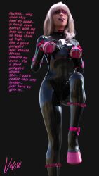 3d absurdres blonde_hair collar female_only femsub happy_trance hypnotic_clothing latex open_mouth original pony_play resisting tech_control text tongue tongue_out valerii