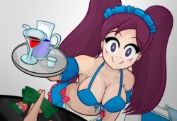  alternate_costume bikini_top breasts disguised_hypnotist empty_eyes femsub happy_trance leaning_forward looking_at_viewer maid megaman_(series) megaman_battle_network shuko_kido smile tray twintails waitress 