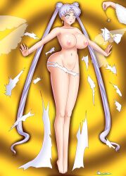 barefoot bluebullpen breasts earrings expressionless femdom femsub grey_eyes huge_breasts jewelry lipstick long_hair magic milf pendulum queen queen_serenity sailor_moon_(series) silver_hair standing standing_at_attention symbol_in_eyes topless torn_clothes twintails