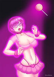 bimbofication brain_drain breasts cleavage collar female_only femsub glasses glowing gradient_background hadant hypnotic_light large_breasts lipstick makeup midriff navel open_mouth pink_hair raygun scooby-doo_(series) short_hair short_skirt signature simple_background skirt solo spiral_eyes symbol_in_eyes trembling velma_dinkley watermark
