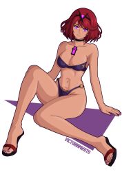  aura bare_legs bare_shoulders bikini bikini_bottom bikini_top choker cleavage collarbone corruption crotch_tattoo feet female_only femsub happy_trance headdress jewelry large_breasts legs looking_at_viewer nail_polish navel nintendo purple_eyes pyra_(xenoblade) red_hair sandals shadaloo_dolls short_hair simple_background sitting smile solo street_fighter tattoo toenail_polish victoriamikoto white_background wide_hips xenoblade_chronicles xenoblade_chronicles_2 