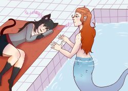  black_hair bottomless cat_ears cat_girl cat_tail cimicimi collar femdom fish_girl happy_trance hypnotic_audio hypnotic_music hypnotic_voice kya_(nazwa) mermaid nude orange_hair paws pool red_hair scales singing skirt tail topless water 