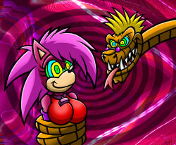 berty-j-a blonde_hair breasts coils dingo_(sonic_underground) femsub forked_tongue furry happy_trance hypnotic_eyes kaa_eyes large_breasts maledom piercing pink_hair short_hair snake sonia_the_hedgehog sonic_the_hedgehog_(series) sonic_underground tongue tongue_out