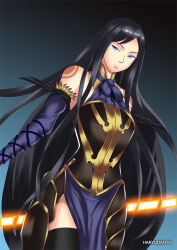 black_hair castlevania clothed female_only gradient_background hadant long_hair shanoa signature simple_background solo tattoo thighhighs watermark