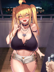 ahoge blonde_hair blush breasts cleavage collar exposed_chest femsub glowing glowing_eyes heart heart_eyes huge_breasts kirome large_hips long_hair long_nails looking_at_viewer manip misterman4_(manipper) necklace open_mouth original saaya_(kirome) short_shorts spiral_eyes symbol_in_eyes tagme twintails
