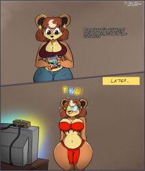  bear_girl before_and_after blush brown_hair cleavage clothed collarbone comic crossed_eyes davidthewolfx10 dialogue earrings female_only femsub furry happy_trance huge_hips hypnotic_screen jeans kaa_eyes large_breasts loincloth midriff navel nintendo open_mouth orange_skin ping pokemon pokemon_(creature) shirt short_hair signature simple_background smile standing standing_at_attention tank_top teddiursa text torn_clothes tv 