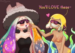  absurdres agent_4_(splatoon) bangs beak blush breasts breasts_outside cleavage discolored_nipples dress enemy_conversion female_only femdom femsub happy_trance hat hypnoshades hypnotic_accessory hypnotized_hypnotist long_hair meanthymine multicolored_hair navel nintendo nipples nude signature simple_background smile splatoon splatoon_2 splatoon_3 sunglasses tattoo tech_control tentacles text tongue tongue_out topless watermark yoko_(splatoon) 