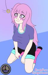 danna_(giant93) eyebrows_visible_through_hair femsub happy_trance kneeling long_hair makeup ordeper_arts original pale_skin pendulum pink_hair ring_eyes shirt shorts signature simple_background socks tied_hair