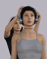 3d 4321sleep bare_shoulders black_hair brown_hair choker collarbone corruption dazed female_only femdom femsub green_eyes headphones hypnotized_dom hypnotized_hypnotist long_hair open_mouth original short_hair simple_background t-shirt tank_top tech_control