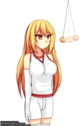  a_certain_scientific_railgun angry bare_shoulders blonde_hair blush breasts coin femsub gloves large_breasts long_hair misaki_shokuhou opera_gloves pendulum shorts standing standing_at_attention yakai 