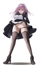  absurdres azur_lane blush censored cheems devonshire dress dress_lift embarrassed female_only femsub gloves high_heels maid maid_headdress midriff open_mouth orange_eyes pink_hair pussy pussy_juice simple_background solo spiral_eyes spread_legs thighhighs vibrator white_background 
