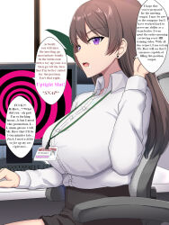  breasts brown_hair caption character_request drool female_only femsub huge_breasts hypnotic_screen large_breasts long_hair manip microui_(manipper) office_lady open_mouth purple_eyes shinyashiki sitting skirt spiral subliminal text trigger unaware unhappy_trance 