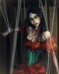 alice_liddell american_mcgee&#039;s_alice black_hair breasts cleavage dollification empty_eyes femsub human_puppet large_breasts long_hair makeup necklace puppet