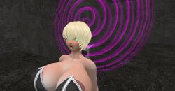 3d blonde_hair breasts bunny_girl glowing glowing_eyes huge_breasts open_mouth second_life short_hair spiral tongue tongue_out transformation