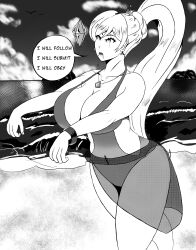  absurdres beach breasts crystal drool female_only femsub foolycooly large_breasts long_hair monochrome open_mouth rwby solo swimsuit text weiss_schnee white_hair zombie_walk 