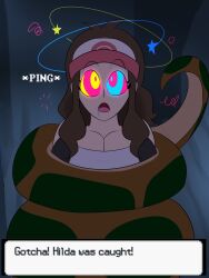 brown_hair clothed deepdarkgreen drool enducer51 femsub gameplay_mechanics hat hilda huge_breasts kaa_eyes night nintendo ping pokemon pokemon_black_and_white ponytail snake text