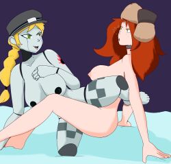 blonde_hair bottomless breasts brown_hair dazed disney expressionless faetomi female_only femdom femsub gravity_falls hat large_breasts nude open_mouth robot robot_girl sex six_speed_sally_(defcon7) smile topless tribadism wendy_corduroy yuri