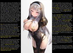  breasts caption caption_only cleavage eternalchaos_(manipper) female_only femdom femsub garter_straps huge_breasts hypnotic_breasts kitin large_breasts long_hair looking_at_viewer manip nun pov pov_sub silver_hair simple_background smirk text thighhighs white_background yuri 