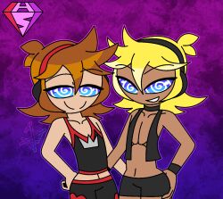 alternate_costume alternate_hairstyle blonde_hair brown_hair choker clothed crossover dark_skin disney hand_on_hip happy_trance hypnoscream kingdom_hearts len_kagamine looking_at_viewer male_only maledom malesub midriff navel smile sora spiral_eyes square_enix vocaloid