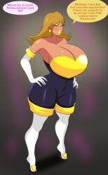 bimboannon bimbofication blonde_hair bottomless breasts brown_hair cleavage dialogue earrings eyelashes eyeshadow female_only femsub happy_trance high_heels huge_ass huge_breasts jewelry large_lips lipstick short_hair smile solo sonic_the_hedgehog_(series) text topaz_(sonic_x) yellow_lipstick