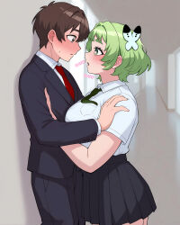 ai_art blush drugged femsub green_hair heart_eyes kiss_zombie kissing rentarou_aijou school_uniform short_hair stable_diffusion_(ai) stabletomboy_(generator) the_100_girlfriends_who_really,_really,_really,_really,_really_love_you yamame_yasashiki