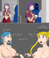 absurdres anthony322 blonde_hair bottomless breasts bulma_briefs comic dialogue dragon_ball femdom femsub green_hair hypnotic_object large_breasts long_hair nude sailor_moon sailor_moon_(series) text topless twintails