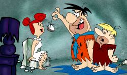  barefoot barney_rubble black_hair blonde_hair chair chopfe clothed fred_flintstone hair_buns maledom malesub necklace open_mouth pendulum red_hair signature sitting smile the_flintstones tie western wilma_flintstone 