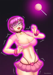 bimbofication breasts cleavage collar empty_eyes eye_roll female_only femsub glasses glowing gradient_background hadant happy_trance large_breasts lipstick makeup midriff navel pink_hair scooby-doo_(series) short_hair short_skirt signature simple_background skirt solo spiral trembling velma_dinkley watermark