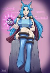 blue_eyes blue_hair boots character_request clair cosplay crossed_legs english_text eyeshadow femdom long_hair looking_at_viewer nintendo original pokeball pokemon pov_sub shieol1 sitting tagme text thighs