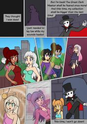 amanda_(maythkaz) amber_(mythkaz) bikini_top black_hair brown_hair cape chair comic crossover crystal dark_master_(mythkaz) dark_skin dialogue dress elf_ears empty_eyes english_text expressionless gloves green_eyes grey_hair helen_(mythkaz) hypnotic_gas leena_(mythkaz) mask midriff monica_(mythkaz) multiple_girls multiple_subs muse_(mythkaz) mythkaz original pendulum platinum_blonde_hair purple_hair red_eyes red_hair rika_(richos_femsona) short_hair sitting spiral_eyes tentacles text tied_hair top_hat